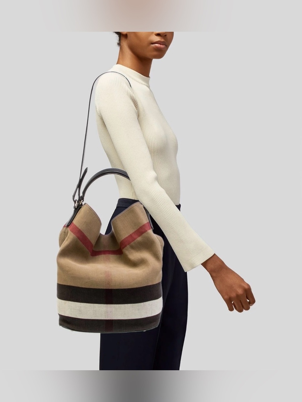Burberry Tan & Black Canvas Hobo with Stripe Detail